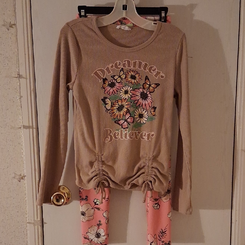 Tan Floral Long Sleeve Top and Pink Floral Leggings Set